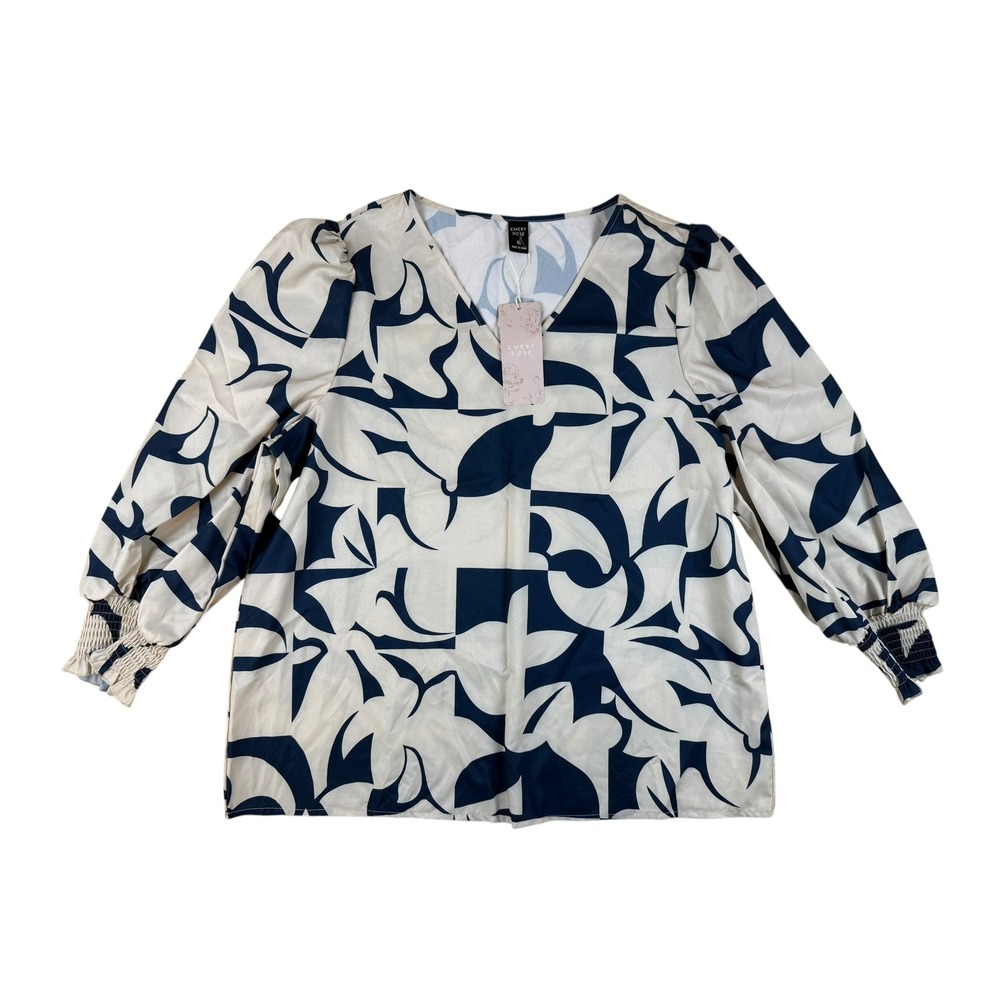 Modern Geometric Print Blouse Smocked Cuff XL Emery Rose NWT
